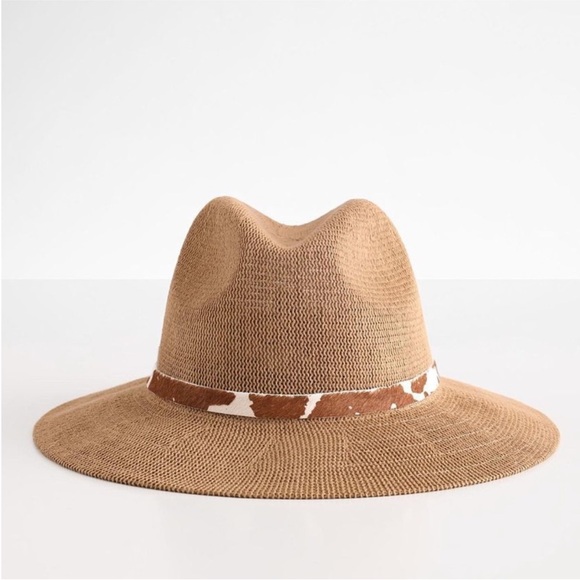 Anthropologie Wyeth Open Weave Brown Wide Brim Hat Textured Cowhide Band - Picture 2 of 11